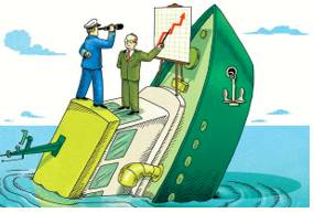 Flounder  - (of a system, organization, process, etc.) be insecure or about to fail.