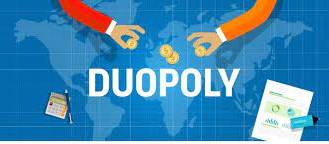 Duopoly  - A situation in which only two companies or organizations do all the trade in a particular product or service.
