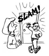 Slams - Shut (a door, window, or lid) forcefully and loudly.