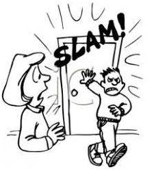 Slamming - Shut (a door, window, or lid) forcefully and loudly.