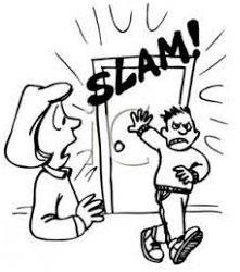 Slammed - Shut (a door, window, or lid) forcefully and loudly.