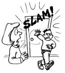 Slammed - Shut (a door, window, or lid) forcefully and loudly.
