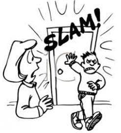 Slammed - Shut (a door, window, or lid) forcefully and loudly.