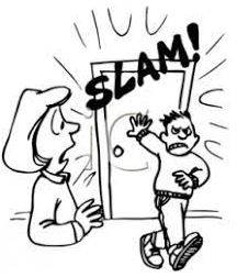 Slammed - Shut (a door, window, or lid) forcefully and loudly.