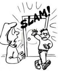 Slammed - Shut (a door, window, or lid) forcefully and loudly.