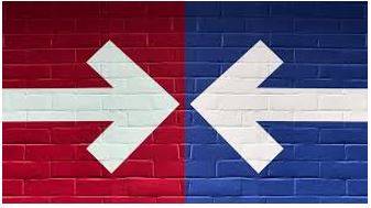 Polarized - Division into two sharply contrasting groups or sets of opinions or beliefs.