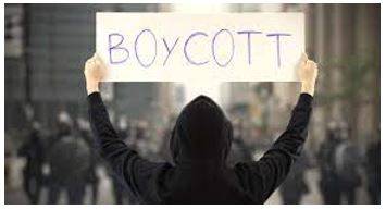 Boycotting - Withdraw from commercial or social relations with (a country, organization, or person) as a punishment or protest.