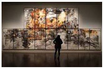 Exhibition - Publicly display (a work of art or item of interest) in an art gallery or museum or at a trade fair.