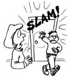 Slammed - Shut (a door, window, or lid) forcefully and loudly.
