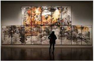 Exhibition - Publicly display (a work of art or item of interest) in an art gallery or museum or at a trade fair.