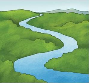 Meander - To follow a winding or indirect course; to wander aimlessly without a fixed direction.