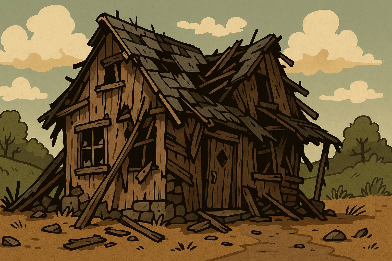 Ramshackle - Very badly made or in a state of severe disrepair; likely to fall apart.